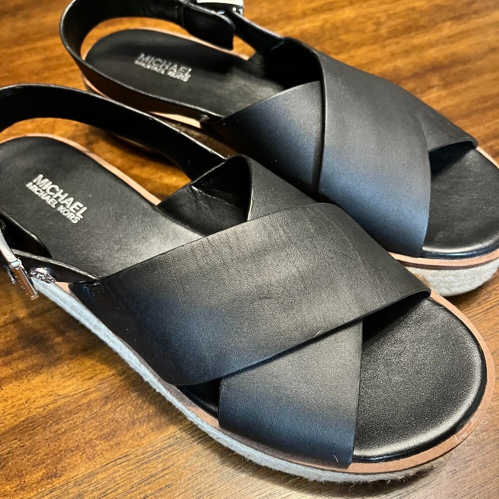 NEW Michael Michael Kors Abbott Black Leather Espadrille Sandals Size 7.5